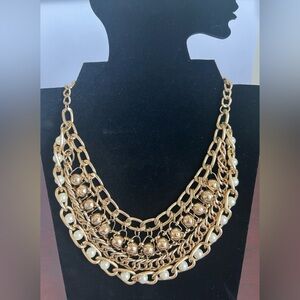 GOLD TONED METAL & FAUX WHITE PEARL STATEMENT BIB NECKLACE